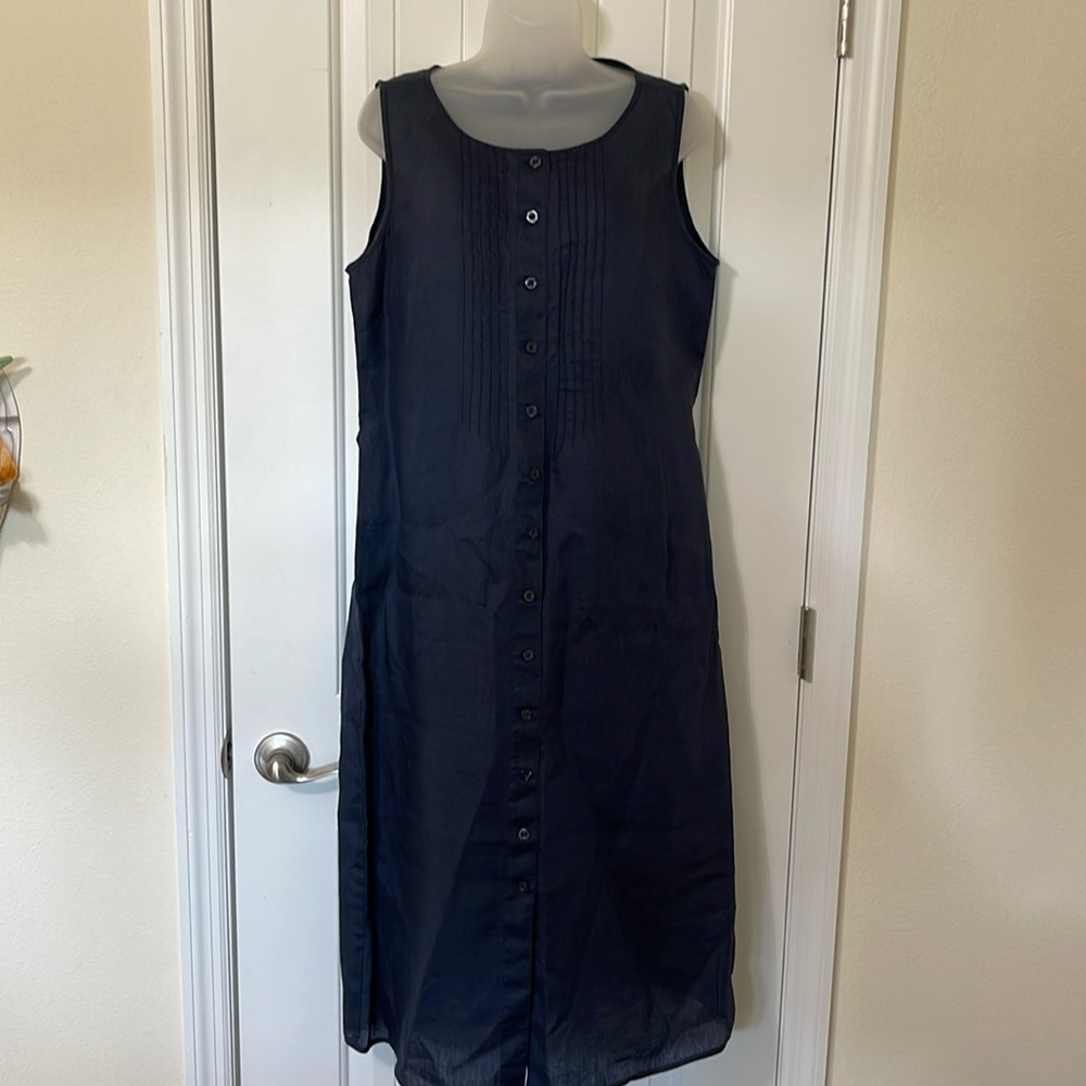 Liz Claiborne Liz Sport Navy 100% Irish Linen Sleeveless Maxi Dress. Size Large.